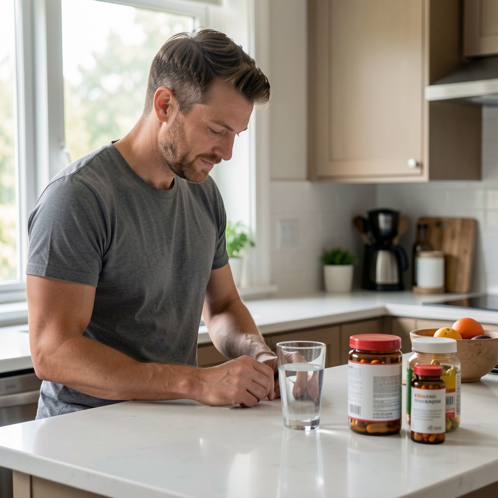 Man preparing morning supplement routine at a kitchen counter with water glass and supplement containers, natural daylight through window